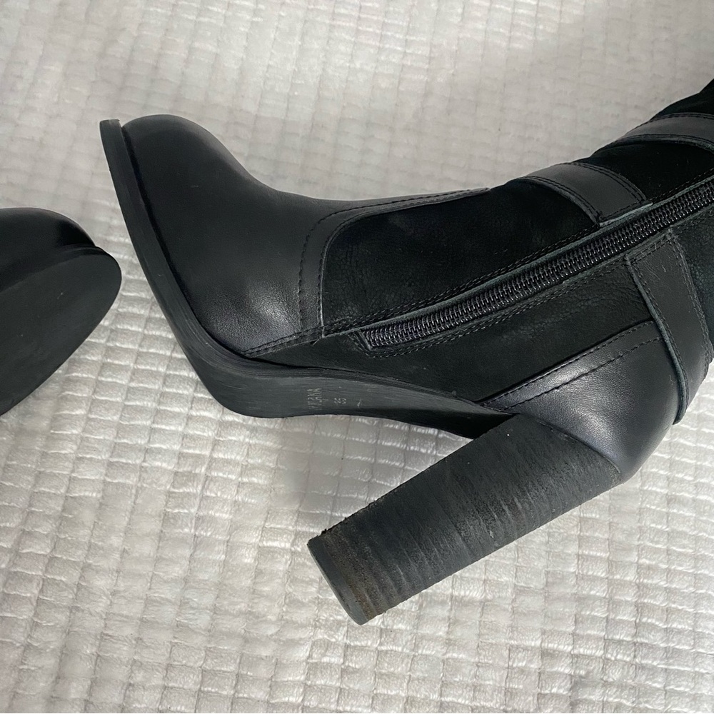 Milana Black Leather Knee High Moto Boots Buckle Block Heel EU 35 US 5 Italy - Picture 7 of 16